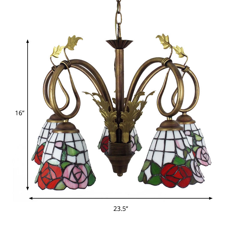 Adjustable Chain Rustic Chandelier - Rose Hanging Light, 5 Lights, Stained Glass, Red