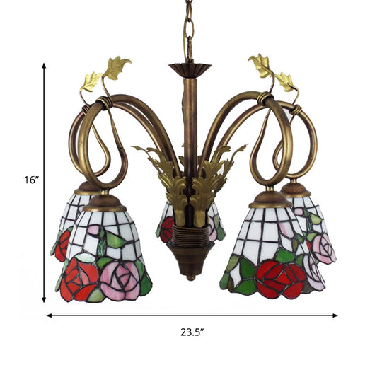 Adjustable Chain Rustic Chandelier - Rose Hanging Light, 5 Lights, Stained Glass, Red