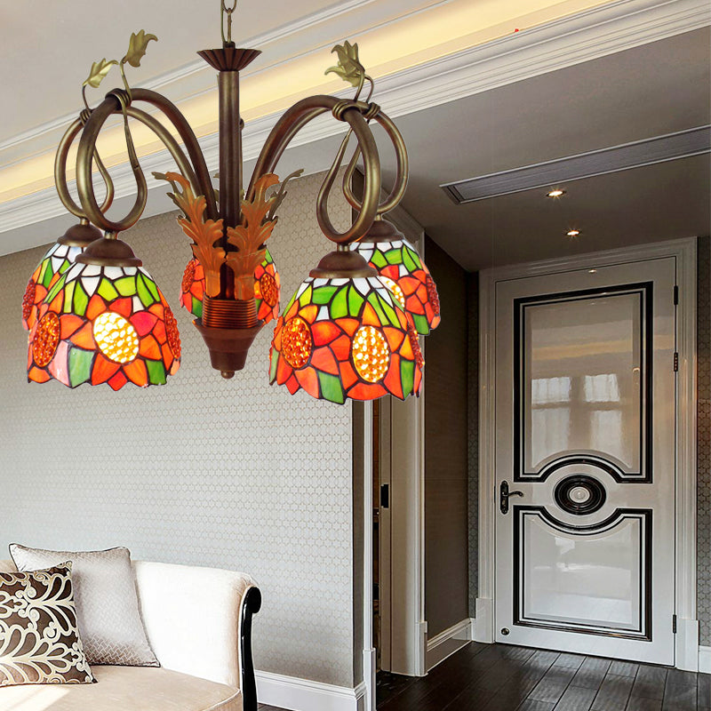 Rustic Sunflower Pendant Light: Orange Glass Adjustable 5 Lights With Metal Chain