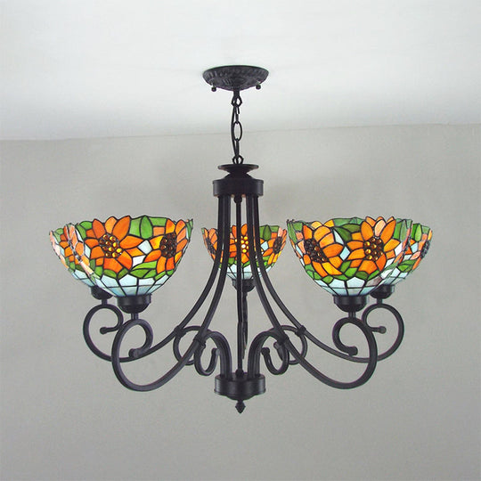 Rustic Sunflower Chandelier Pendant Light With Stained Glass Shade - 5 Lights In Orange