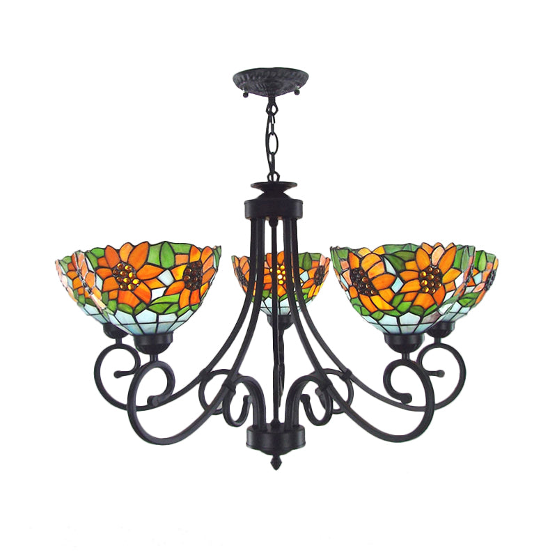 Rustic Sunflower Chandelier Pendant Light With Stained Glass Shade - 5 Lights In Orange