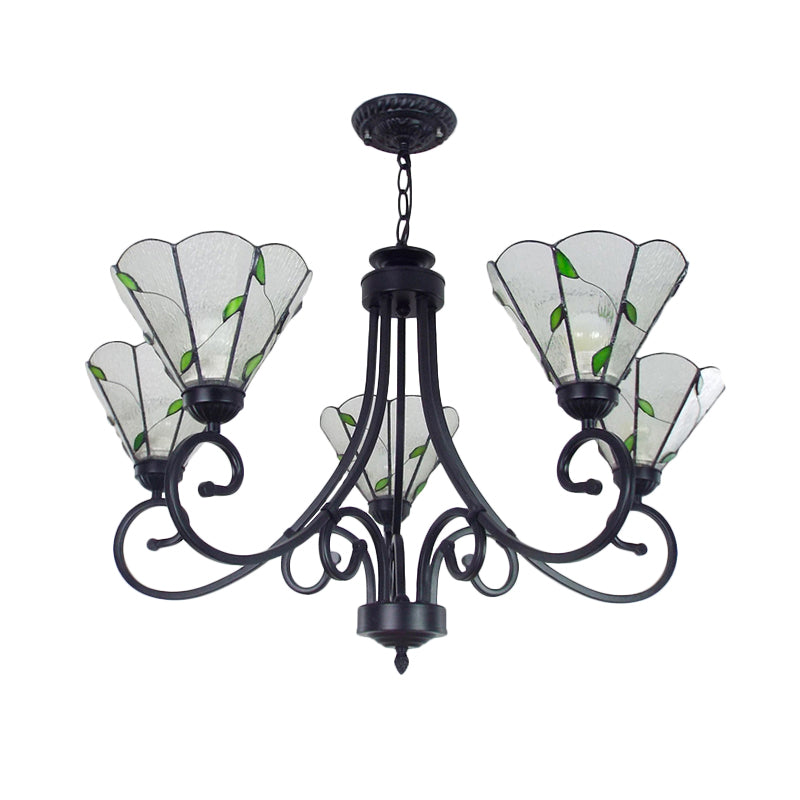 Rustic Chandelier: 5-Light Leaf Pendant with Dimpled Glass, Black Finish