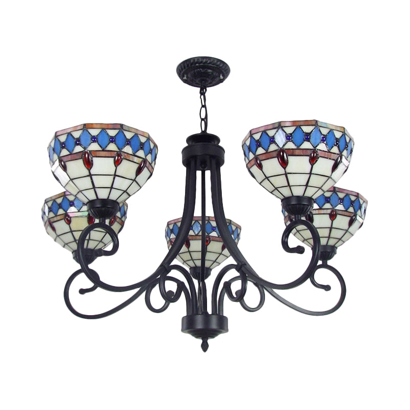 Beige Baroque Pendant Chandelier - Colorful Glass Bowl with Hanging Chain, 5 Lights