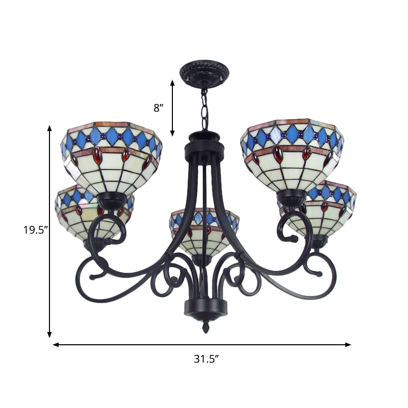 Beige Baroque Pendant Chandelier - Colorful Glass Bowl with Hanging Chain, 5 Lights