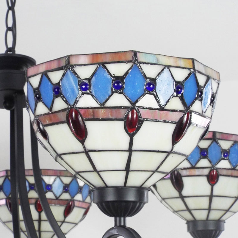 Beige Baroque Pendant Chandelier - Colorful Glass Bowl with Hanging Chain, 5 Lights