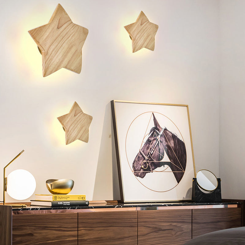 Modern Nordic Wood Star Wall Sconce In Beige For Child Bedroom Or Hallway