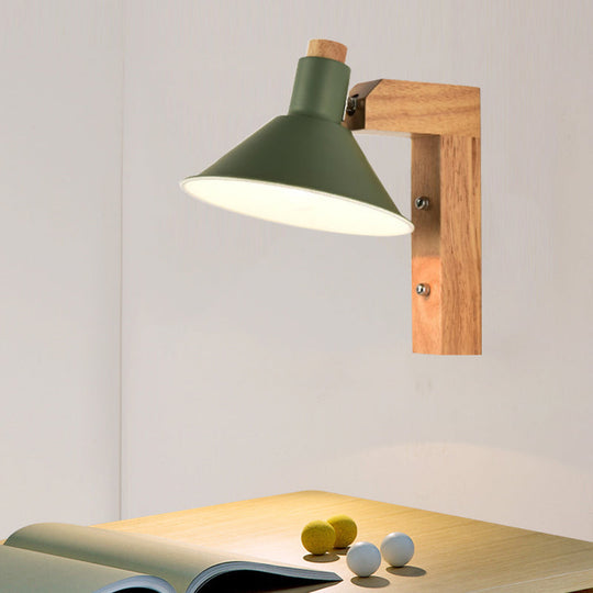 Nordic Style Funnel Study Room Wall Sconce - Wood Metal 1 Light Undertint Green