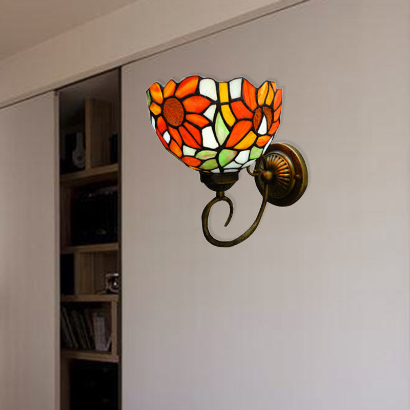 Victorian Sunflower Wall Mount Stained Glass Sconce Light - Orange