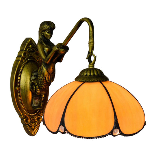 Vintage Brass Petal Wall Light Tiffany 1-Light Yellow Glass Sconce With Mermaid Decoration