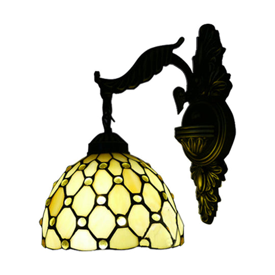 Beige Carved Arm Tiffany Glass Dome Wall Light - Traditional Sconce For Hallway