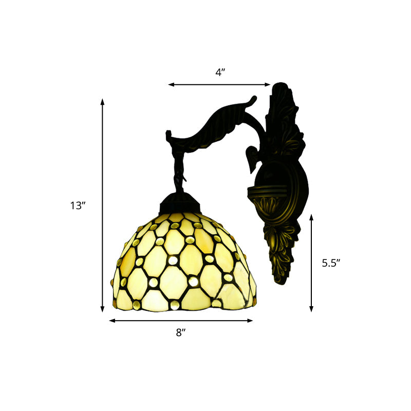 Beige Carved Arm Tiffany Glass Dome Wall Light - Traditional Sconce For Hallway