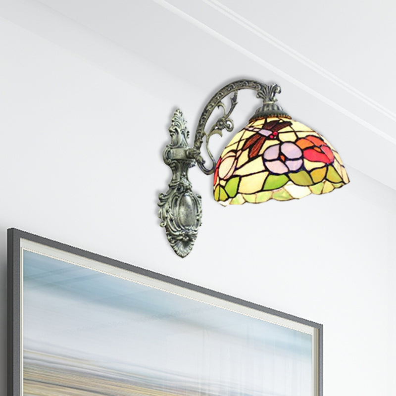 Carved Base Tiffany Rustic Sconce With Petal Stained Glass For Restaurant Wall Lighting