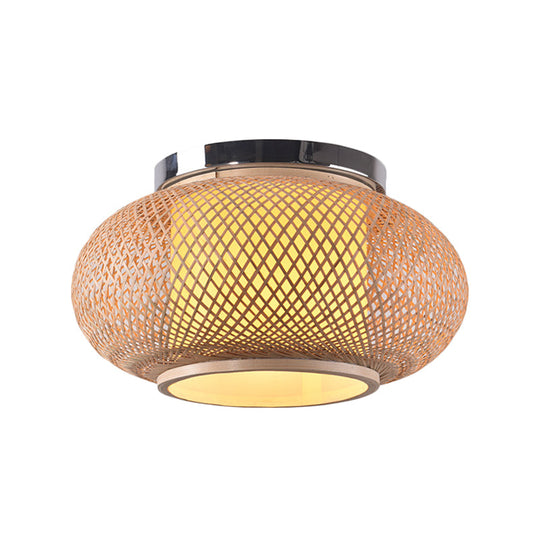 Yellow Lantern Shade Flush Light - Contemporary Style 16/19.5 Dia 1-Head Bamboo Ceiling Mounted For