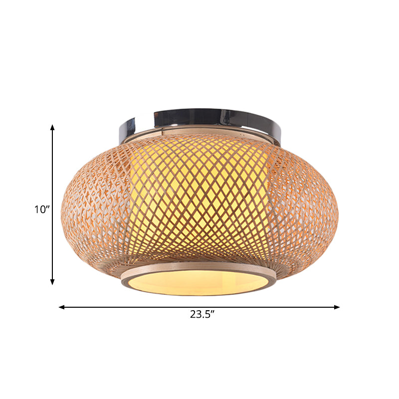 Yellow Lantern Shade Flush Light - Contemporary Style 16/19.5 Dia 1-Head Bamboo Ceiling Mounted For