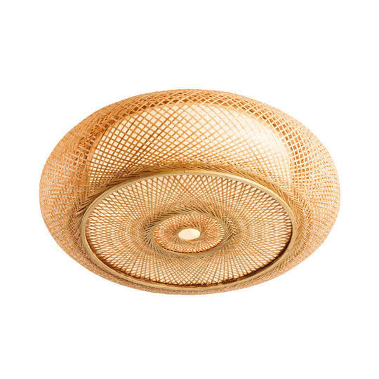 Handcrafted Bamboo Flush Mount Ceiling Light - 3-Light Beige Round Shade Fixture, 16"/19.5" Width