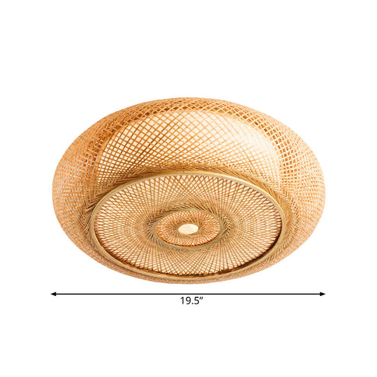 Handcrafted Bamboo Flush Mount Ceiling Light - 3-Light Beige Round Shade Fixture, 16"/19.5" Width