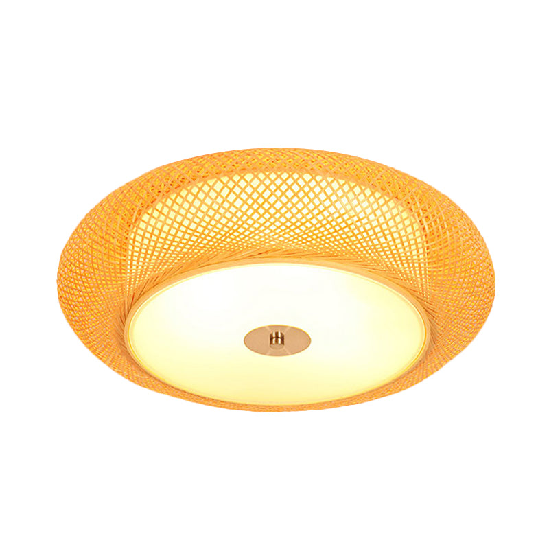 Yellow Bamboo LED Ceiling Light with Asian Drum Style - 16"/19.5" Width for Living Room Flushmounts