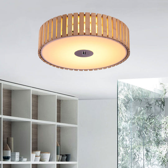 Modern Bamboo Flush Mount Led Ceiling Light 15/19 W Beige Drum Shade Fixture For Living Room / 15