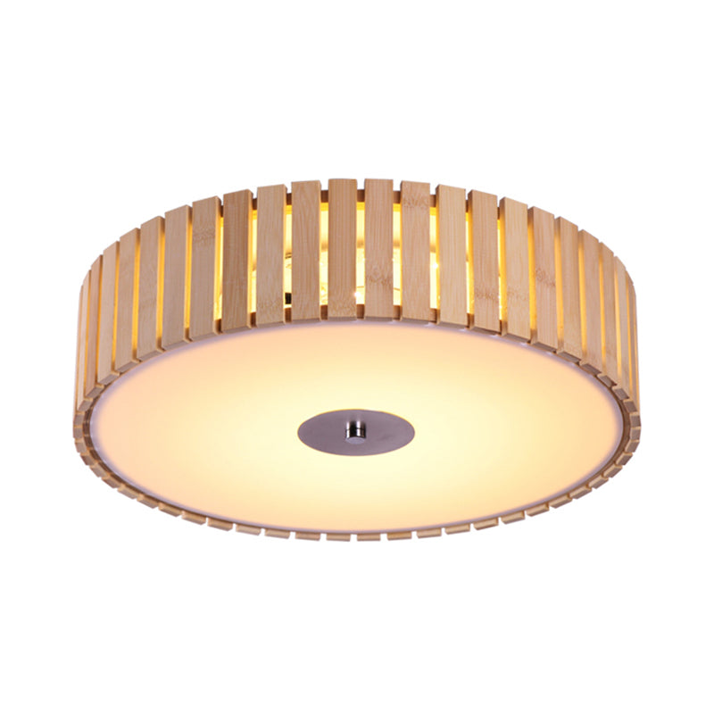 Modern Bamboo Flush Mount LED Ceiling Light, 15"/19" W Beige Drum Shade Fixture for Living Room