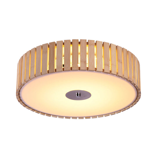 Modern Bamboo Flush Mount Led Ceiling Light 15/19 W Beige Drum Shade Fixture For Living Room