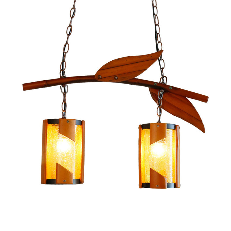 Country Style Crackle Glass Hanging Light With Branch Accent - Brown 2 Lights Ideal For Restaurants