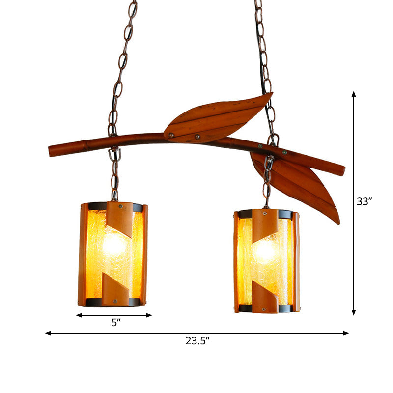 Country Style Crackle Glass Hanging Light With Branch Accent - Brown 2 Lights Ideal For Restaurants