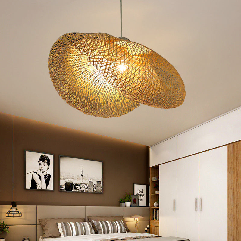 Rattan Hanging Pendant Lamp - Asian Style Hat Shape 1-Light Ceiling Fixture For Dining Table