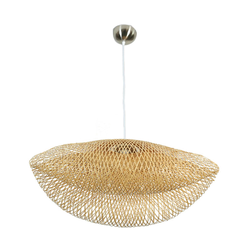 Rattan Hanging Pendant Lamp - Asian Style Hat Shape 1-Light Ceiling Fixture For Dining Table