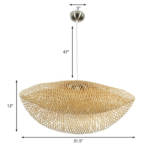 Rattan Hanging Pendant Lamp - Asian Style Hat Shape 1-Light Ceiling Fixture For Dining Table