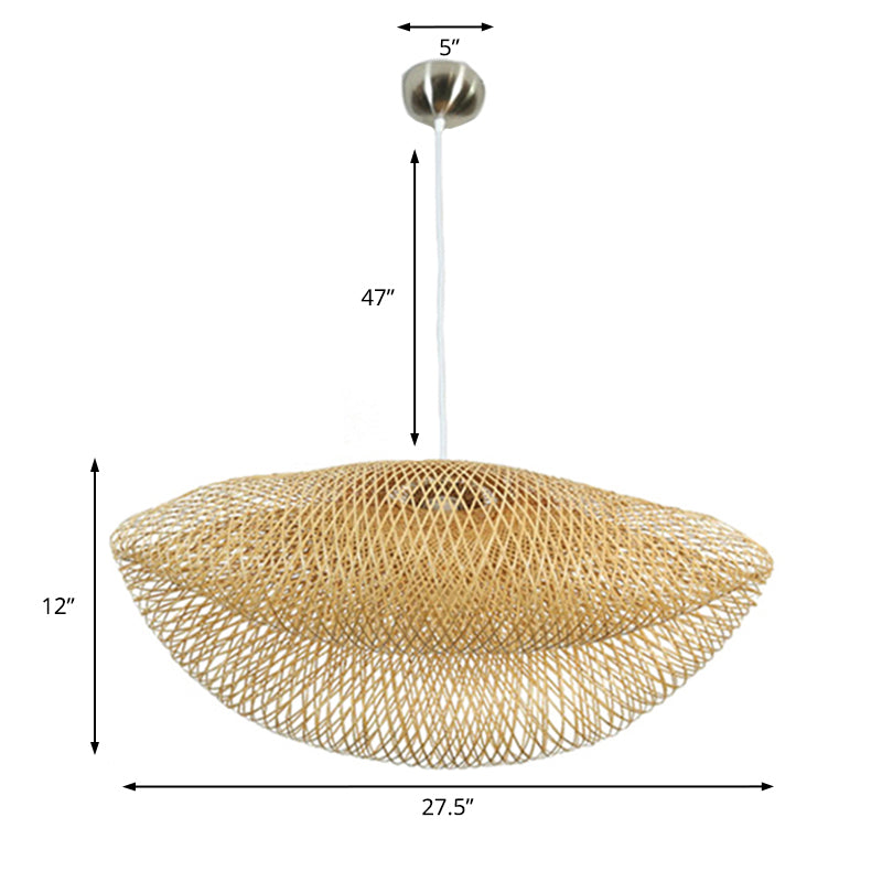 Rattan Hanging Pendant Lamp - Asian Style Hat Shape 1-Light Ceiling Fixture For Dining Table