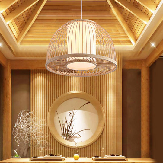 Bamboo Domed Pendant Lamp With Inner Shade - Modern 1-Light Ceiling Fixture Beige 12/14 Diameter /