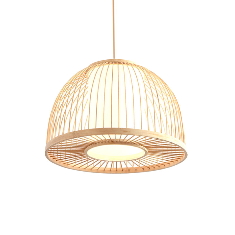 Bamboo Domed Pendant Lamp With Inner Shade - Modern 1-Light Ceiling Fixture Beige 12/14 Diameter