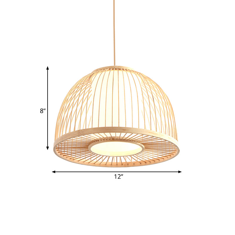 Bamboo Domed Pendant Lamp With Inner Shade - Modern 1-Light Ceiling Fixture Beige 12/14 Diameter