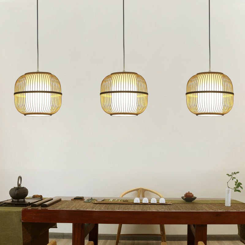 Contemporary Beige Bamboo Pendant Lamp With Inner Cylindrical Shade - 1-Light Ceiling Fixture