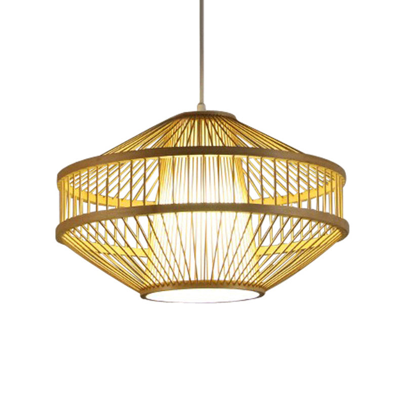 Modernist Style Hanging Lamp: 1 Light Pendant With Bamboo Shade - Beige Open-Weave Suspension Design