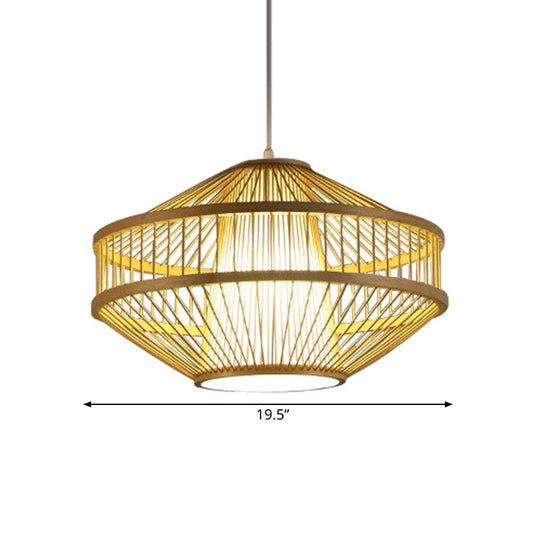 Modernist Style Hanging Lamp: 1 Light Pendant With Bamboo Shade - Beige Open-Weave Suspension Design