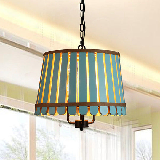 Modern Wooden Chandelier Light Fixture - 12.5/16.5 Wide Slatted Design 3 Lights Blue/Green/Wood