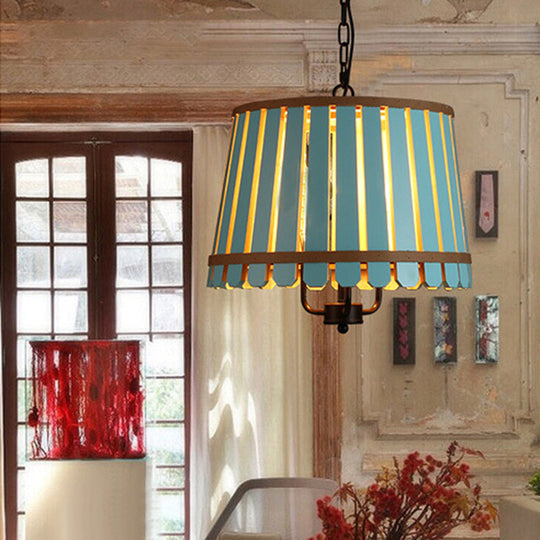 Modern Wooden Chandelier Light Fixture - 12.5/16.5 Wide Slatted Design 3 Lights Blue/Green/Wood