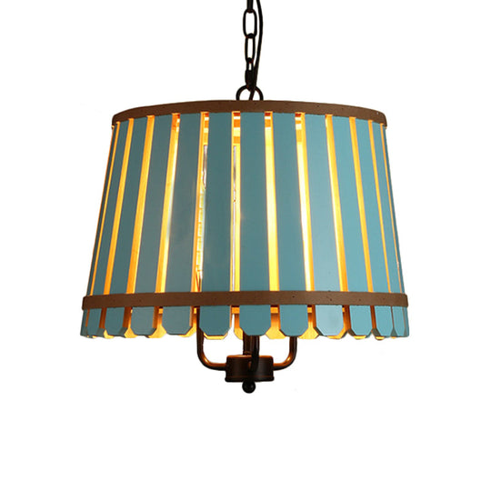 Modern Wooden Chandelier Light Fixture - 12.5/16.5 Wide Slatted Design 3 Lights Blue/Green/Wood