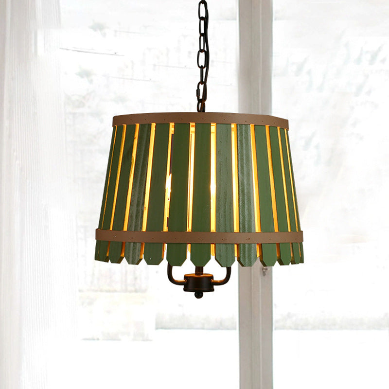 Modern Wooden Chandelier Light Fixture - 12.5/16.5 Wide Slatted Design 3 Lights Blue/Green/Wood