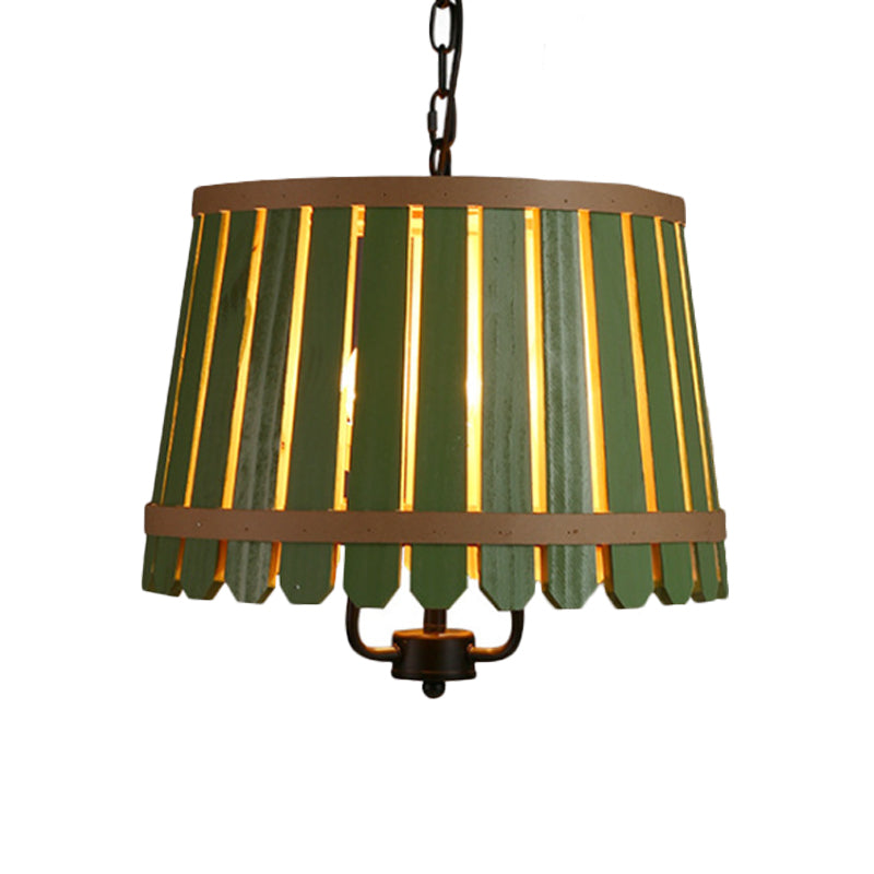 Modern Wooden Chandelier Light Fixture - 12.5/16.5 Wide Slatted Design 3 Lights Blue/Green/Wood