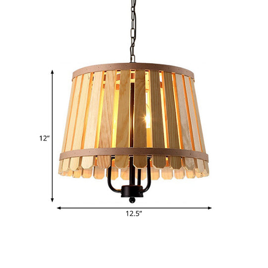 Modern Wooden Chandelier Light Fixture - 12.5/16.5 Wide Slatted Design 3 Lights Blue/Green/Wood