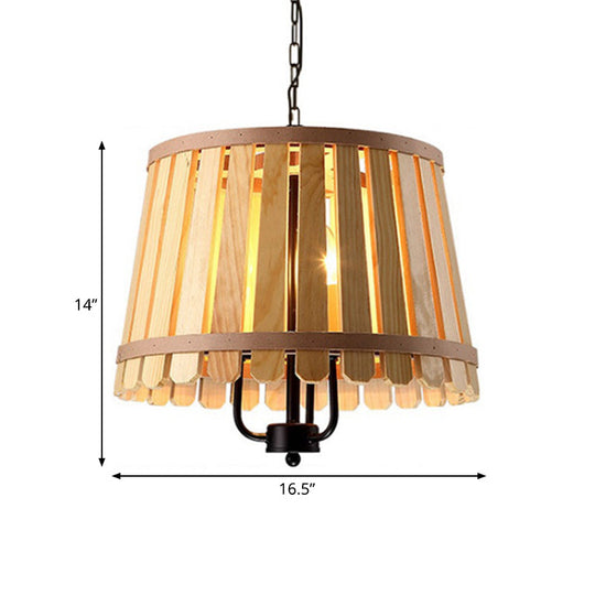 Modern Wooden Chandelier Light Fixture - 12.5/16.5 Wide Slatted Design 3 Lights Blue/Green/Wood