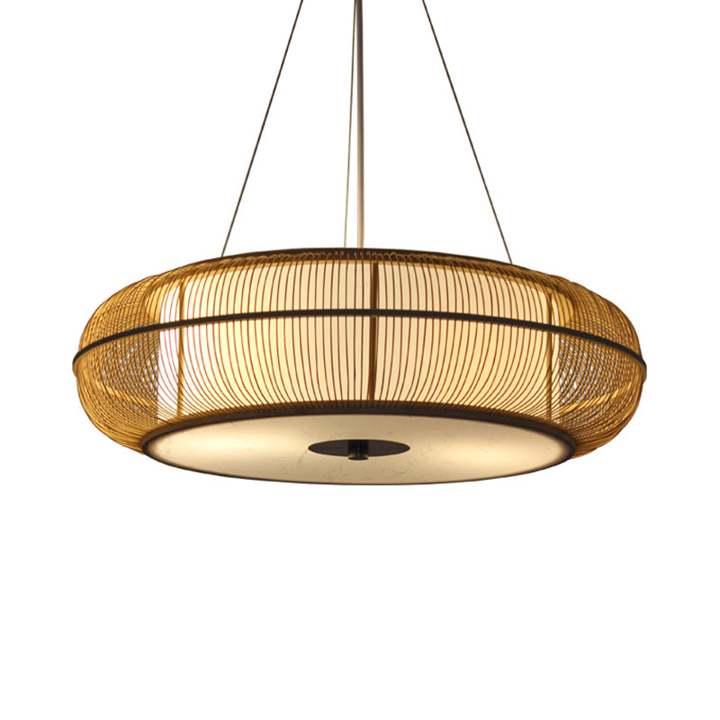 Modern 3-Head Bamboo Pendant Light With Stylish Drum Shade For Dining Room Ceiling (Black/Wood)