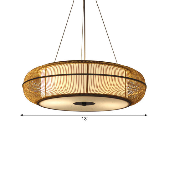 Modern 3-Head Bamboo Pendant Light With Stylish Drum Shade For Dining Room Ceiling (Black/Wood)