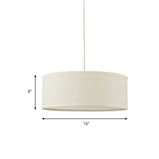 12"/16"/19.5" Dia Cylinder Suspension Pendant - Contemporary White LED Fabric Hanging Lamp