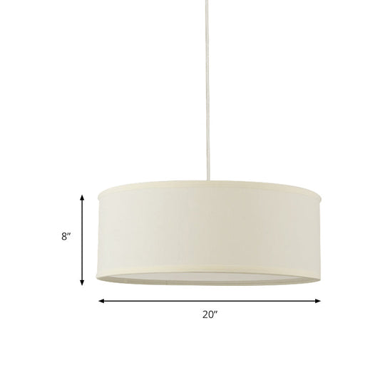 12"/16"/19.5" Dia Cylinder Suspension Pendant - Contemporary White LED Fabric Hanging Lamp