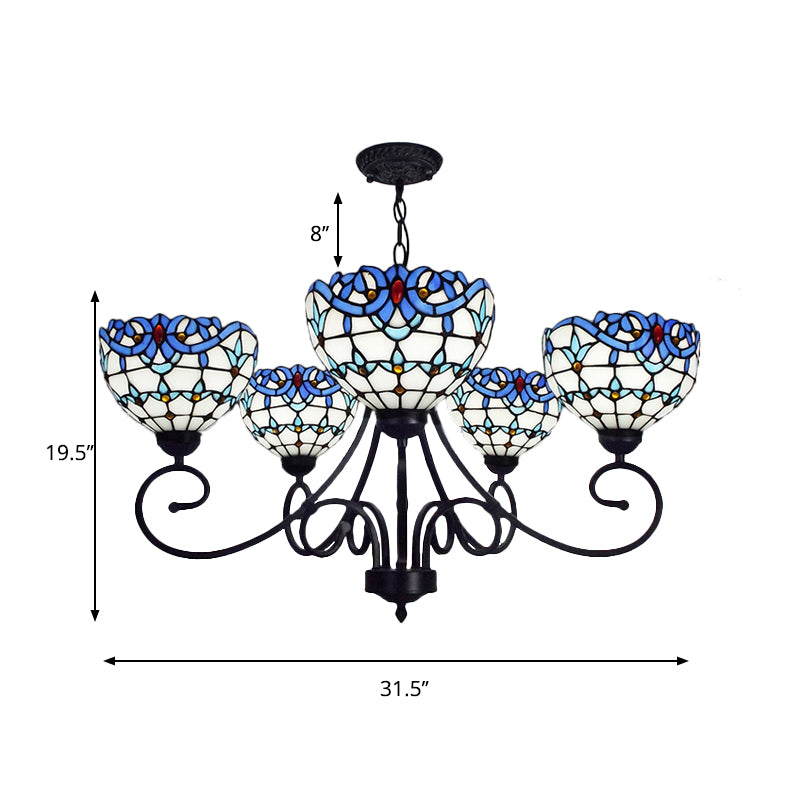 Blue Stained Glass Victorian Pendant Chandelier, 5-Light Indoor Lighting for Foyer