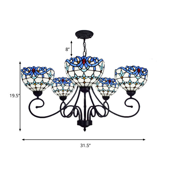 Blue Stained Glass Victorian Pendant Chandelier, 5-Light Indoor Lighting for Foyer