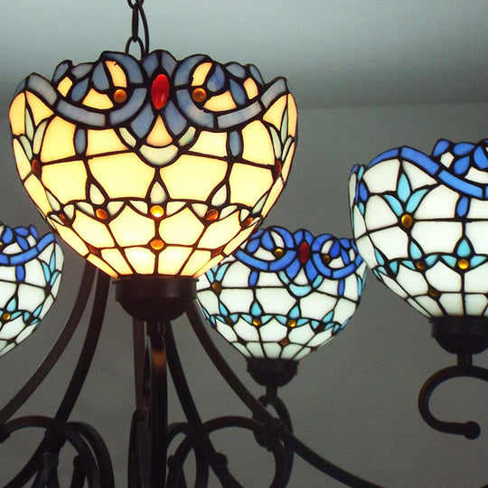 Blue Stained Glass Victorian Pendant Chandelier, 5-Light Indoor Lighting for Foyer